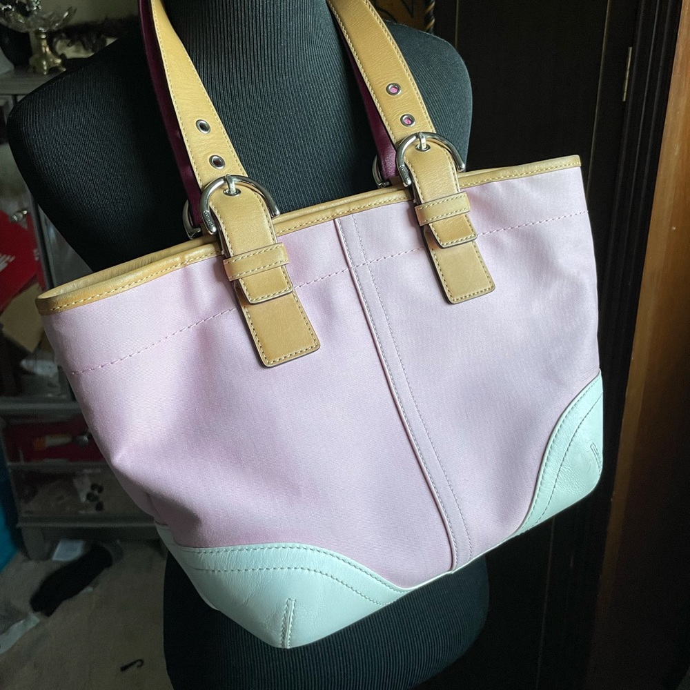 Coach pink and white bag tan straps